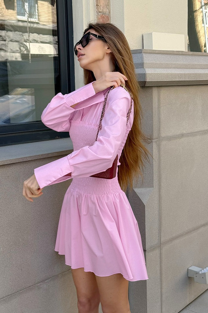 Pink Collared Shirt High Waist Mini Dress