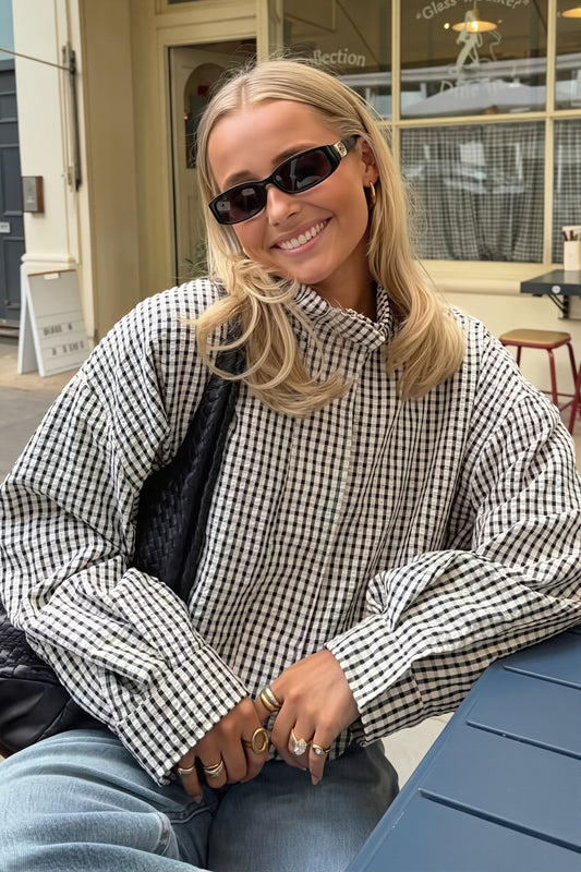 Gingham Stand Collar Zip Bomber Jacket