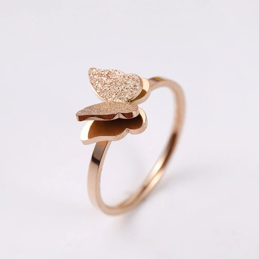 Fashion Frosted Butterfly Titanium Steel Ring Rose Gold / 6