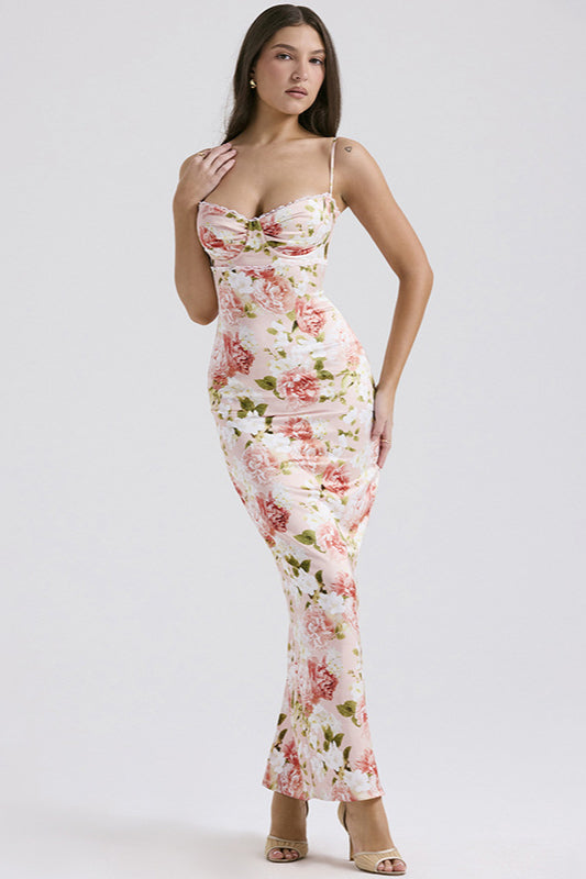 Robe longue fendue en dentelle florale