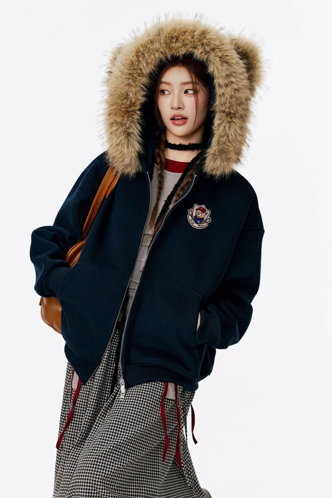 Vintage Bear Ear Fleece Collar Zip Hoodie