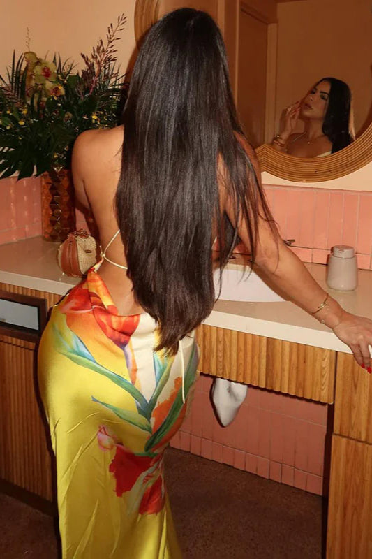 Robe longue élégante à col évasé et imprimé floral de couleur contrastée 