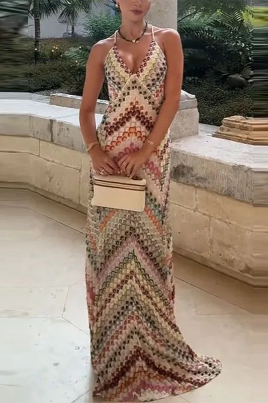 Contrast Color V Neck Boho Dress