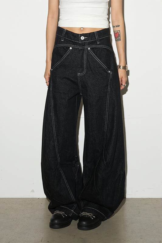 Asymmetric Waist Black Wide Leg Jeans