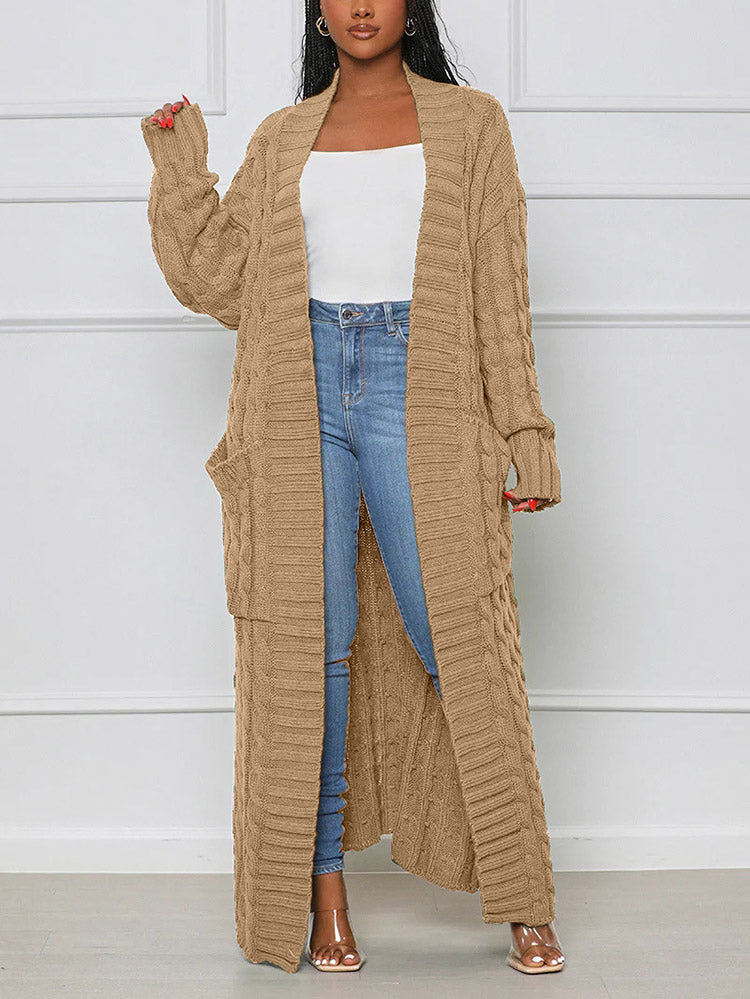 Knitted Solid Graceful Open Front Cardigan Khaki / S