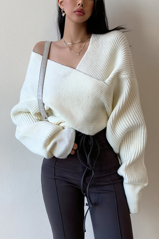 Wrap Front V Neck Relaxed Sweater