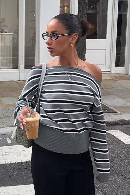 Off Shoulder Striped Color Block Long Sleeve Sweater Blouse