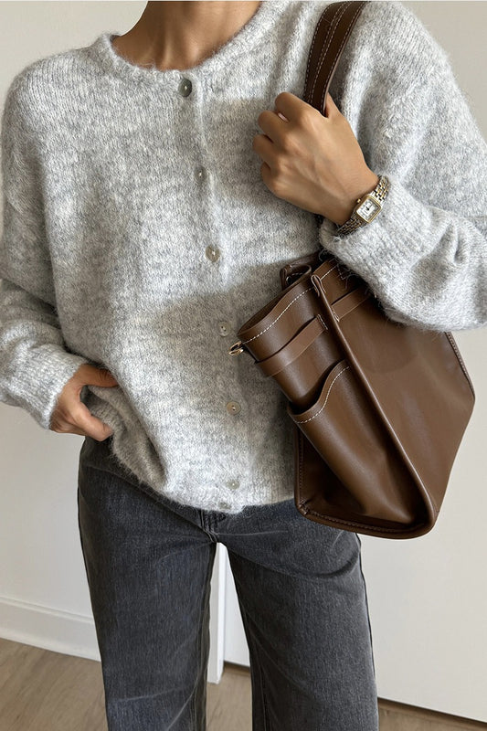 Textured Crew Neck Button Up Knit Cardigan