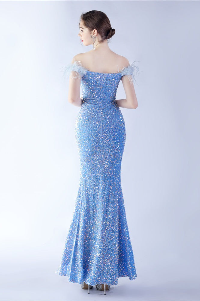 Velvet Sequin Ostrich Feather Off Shoulder Formal Dress S / Blue