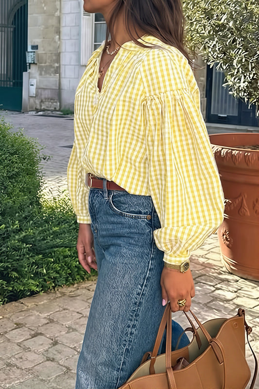 Gingham Balloon Sleeve Button Blouse