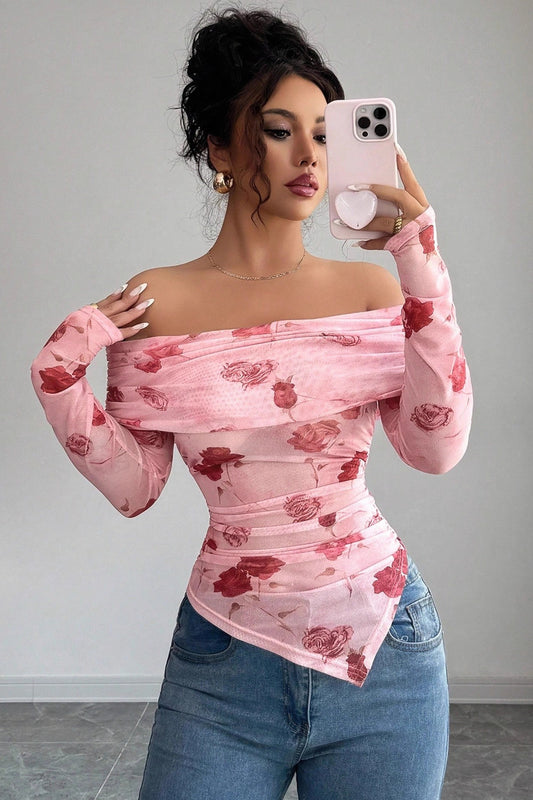 Floral Print Off Shoulder Ruched Top