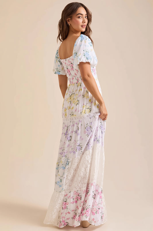 Lace Splice Floral Printed Boho Dress