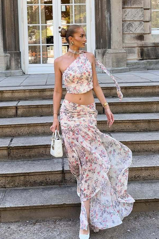 Ensemble deux pièces sans manches à une épaule et à fleurs rose clair et violet