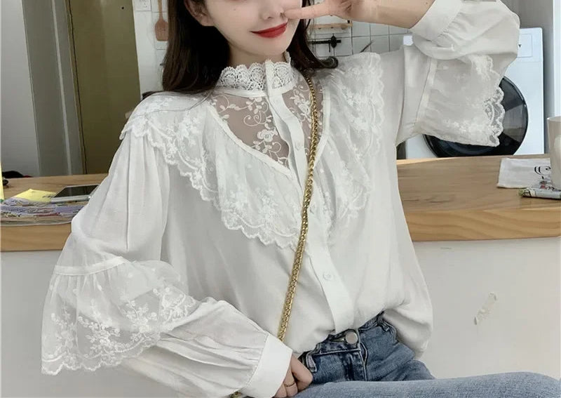 Lace Up Ruffled Sweet Loose Spring Blouse blouse-250126
