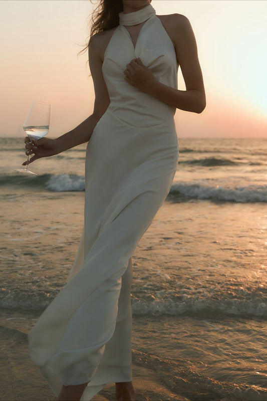 Satin V-Neck Halter Backless Maxi Party Dress