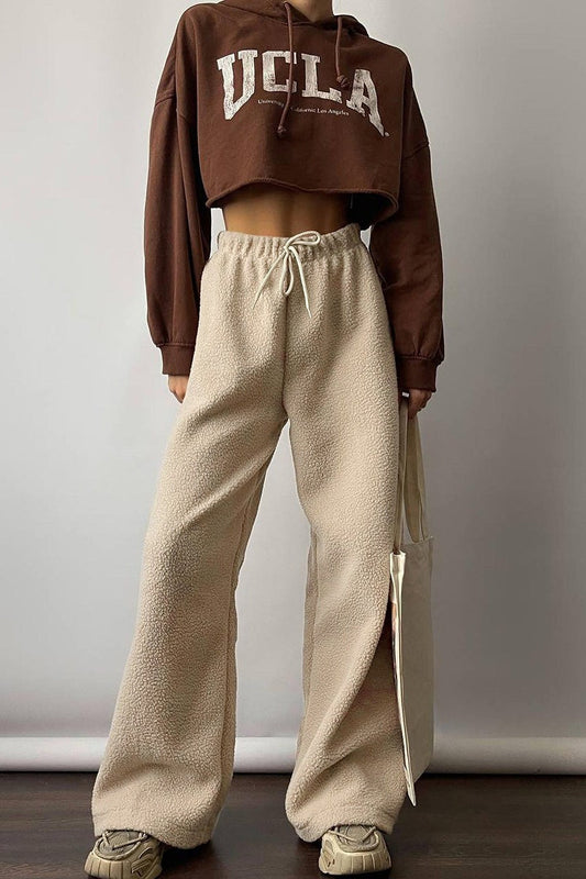 Fleece Wide Leg Relaxed Straight Pants Apricot / S