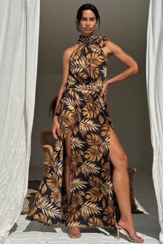 Robe longue sexy à imprimé floral et fente haute