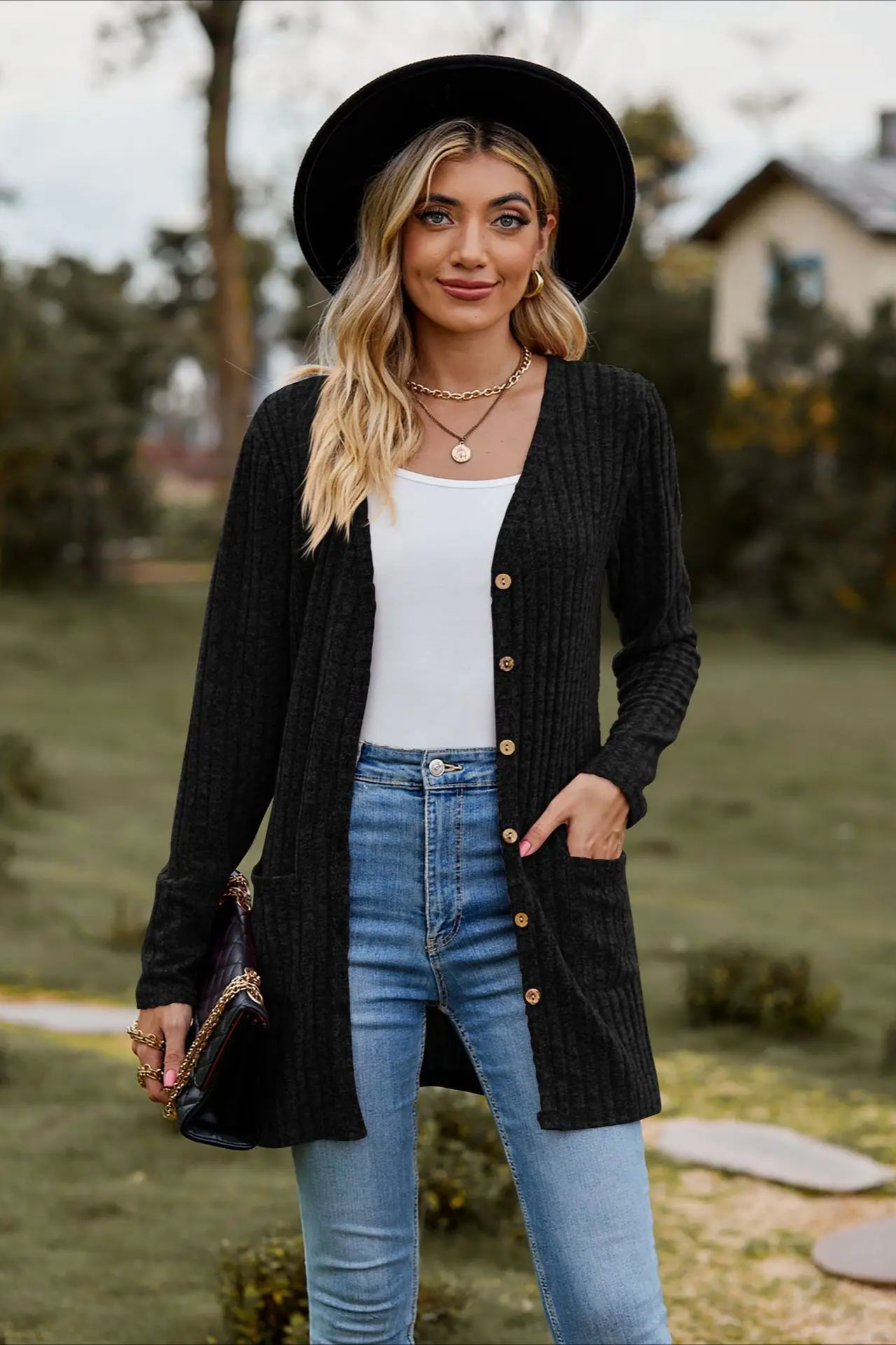 Brushed Ribbed Long Sleeve Cardigan Black / S