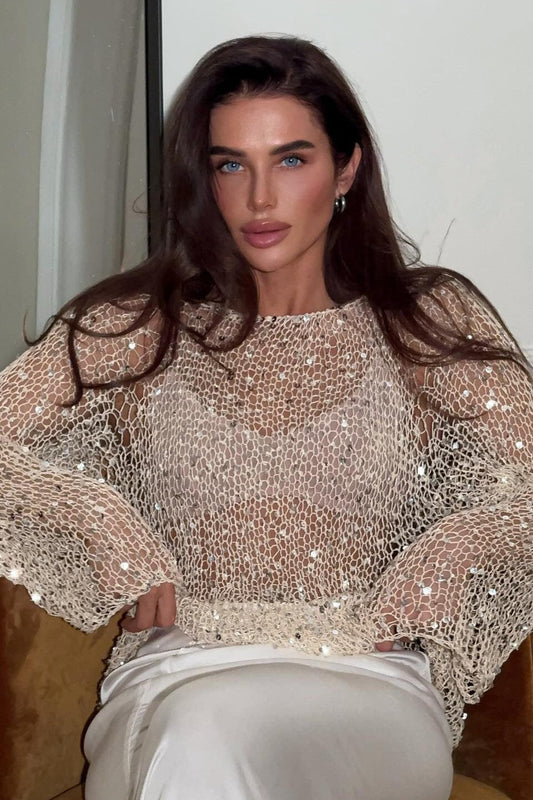 Chemisier élégant en tricot à manches longues et paillettes