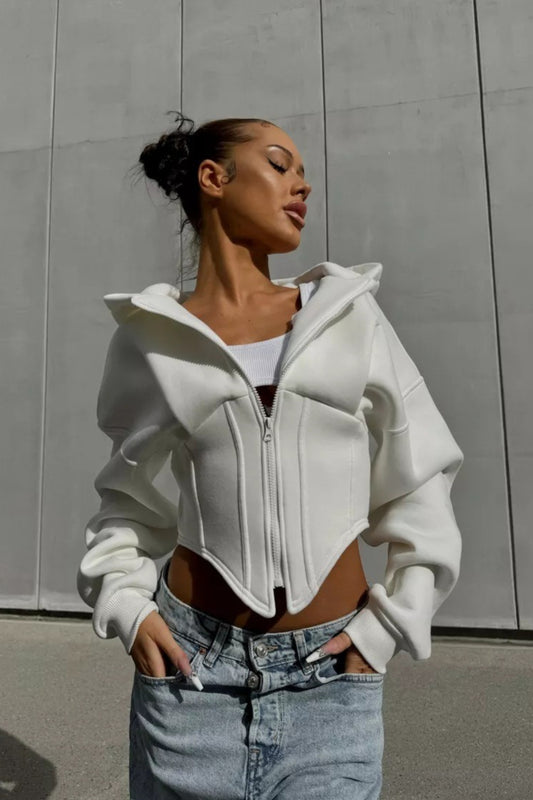 Cropped Curved Hem Full Zip Hoodie