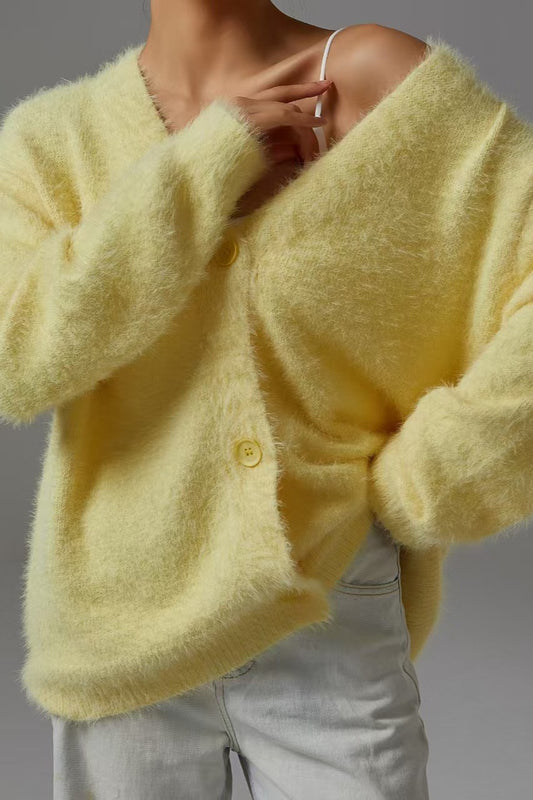 Fuzzy Balloon Sleeve V Neck Knit Cardigan
