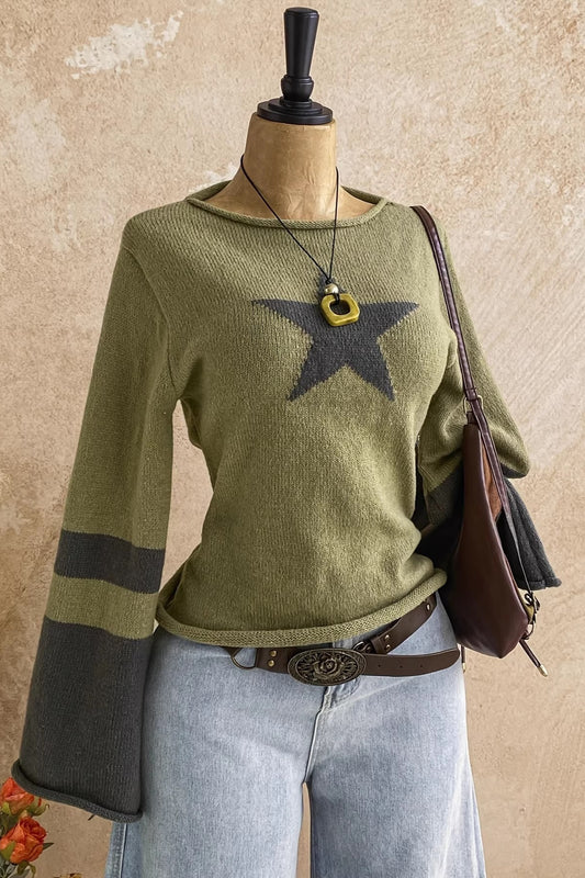 Star Graphic Bell Sleeve Boat Neck Sweater