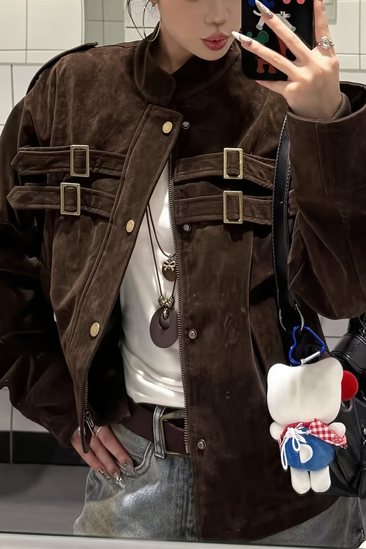 Buckle Pocket Stand Collar Suede Jacket