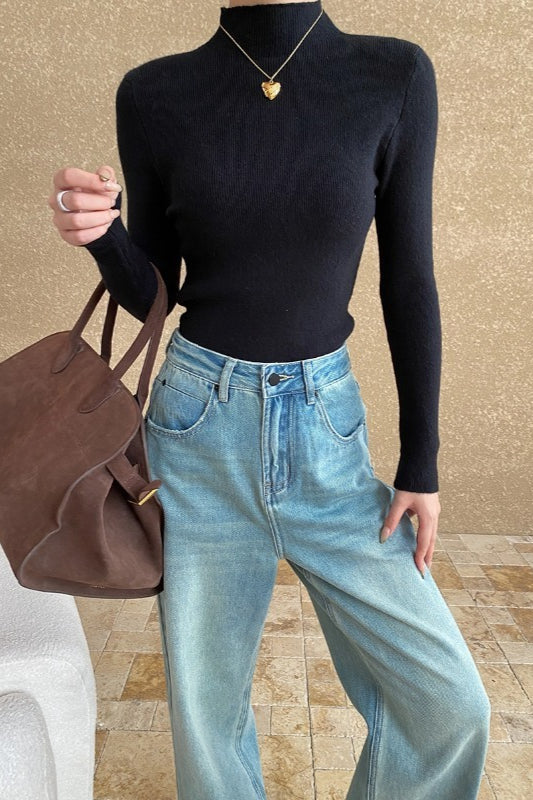 Stacked Neck Slim Fit Essential Knit Top