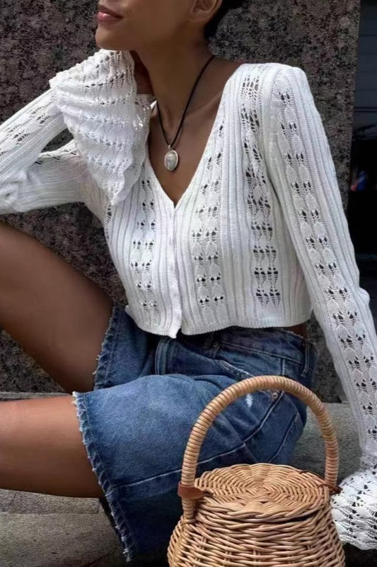 Cutout V-Neck Solid Short Long-Sleeve Knit Cardigan