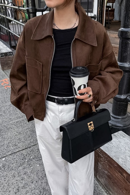Brown Faux Suede Utility Zip Jacket
