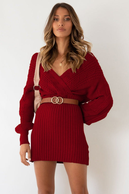 Cable Knit V-Neck Sweater Mini Dress