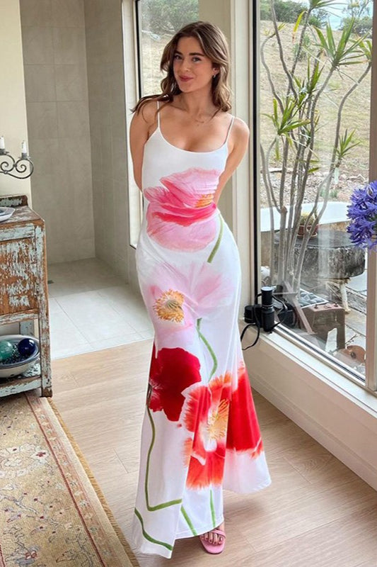 Robe longue dos nu à imprimé floral de plage