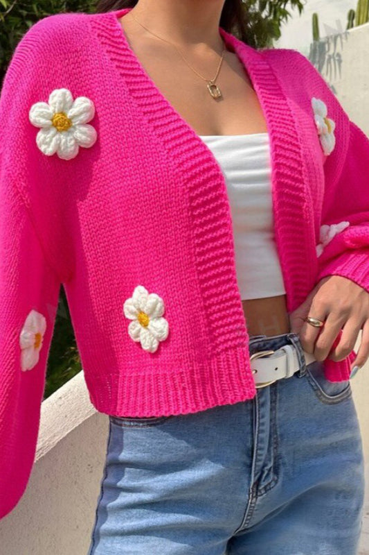 Floral Applique V Neck Button Knit Cardigan