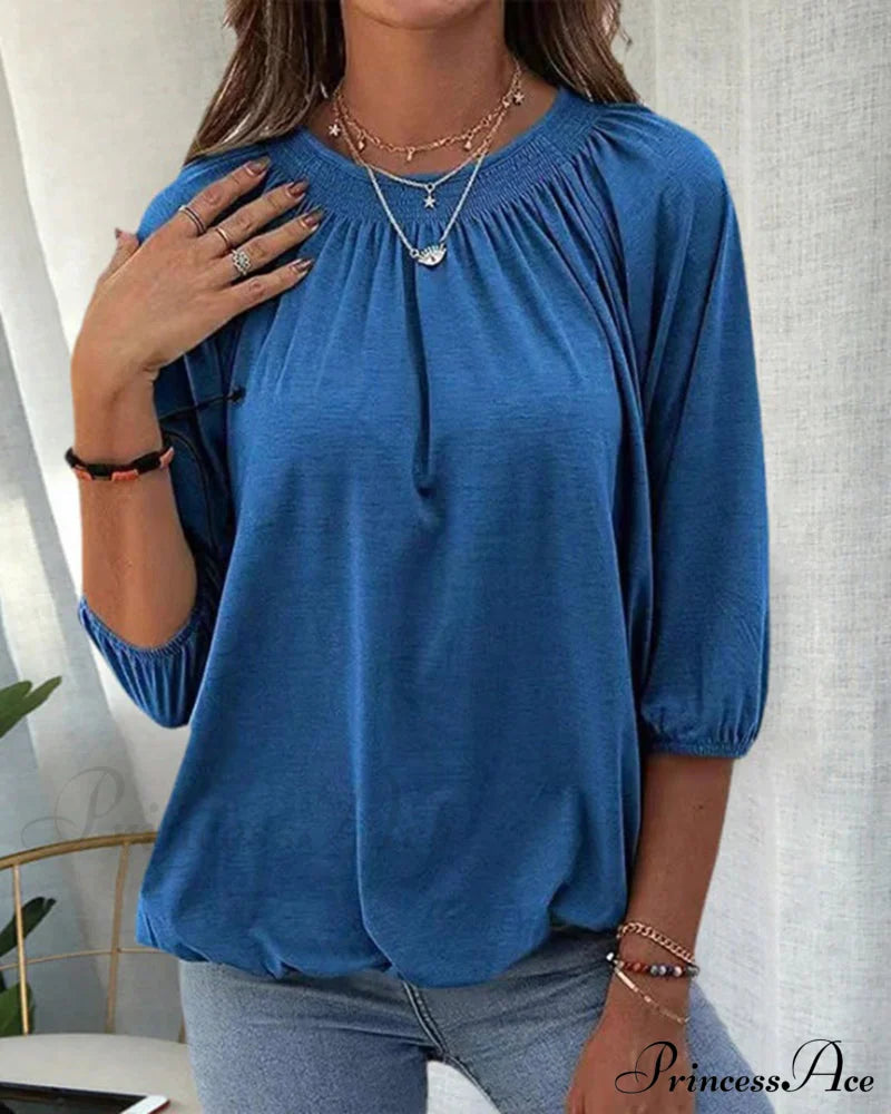 Crew Neck 3/4 Sleeve T-Shirt Blue 2022 f/w 23BF blouses & shirts clothes Short Sleeve Tops Spring summer t-shirts Tops/Blouses