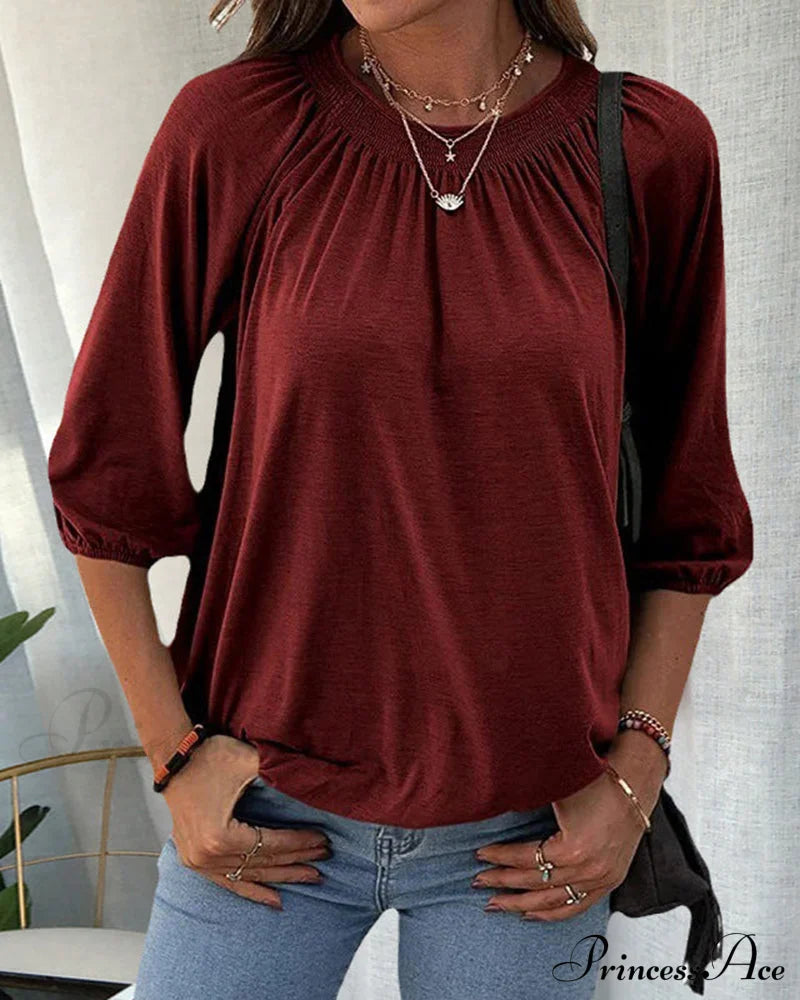 Crew Neck 3/4 Sleeve T-Shirt Burgundy 2022 f/w 23BF blouses & shirts clothes Short Sleeve Tops Spring summer t-shirts Tops/Blouses
