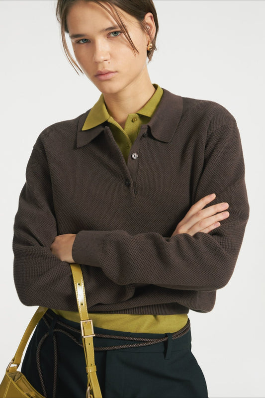 Polo Collar Button Placket Knit Sweater
