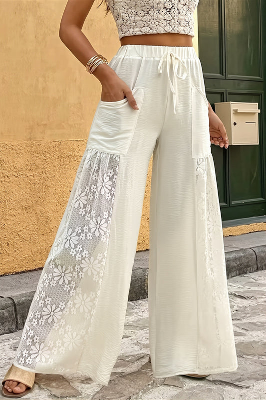 Lace Panel Drawstring Wide Leg Pants
