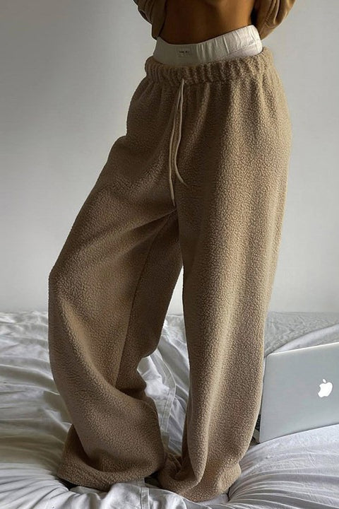 Fleece Wide Leg Relaxed Straight Pants Light Brown / S