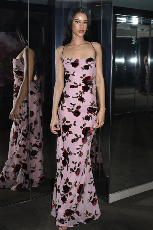 Robe longue moulante dos nu à imprimé roses