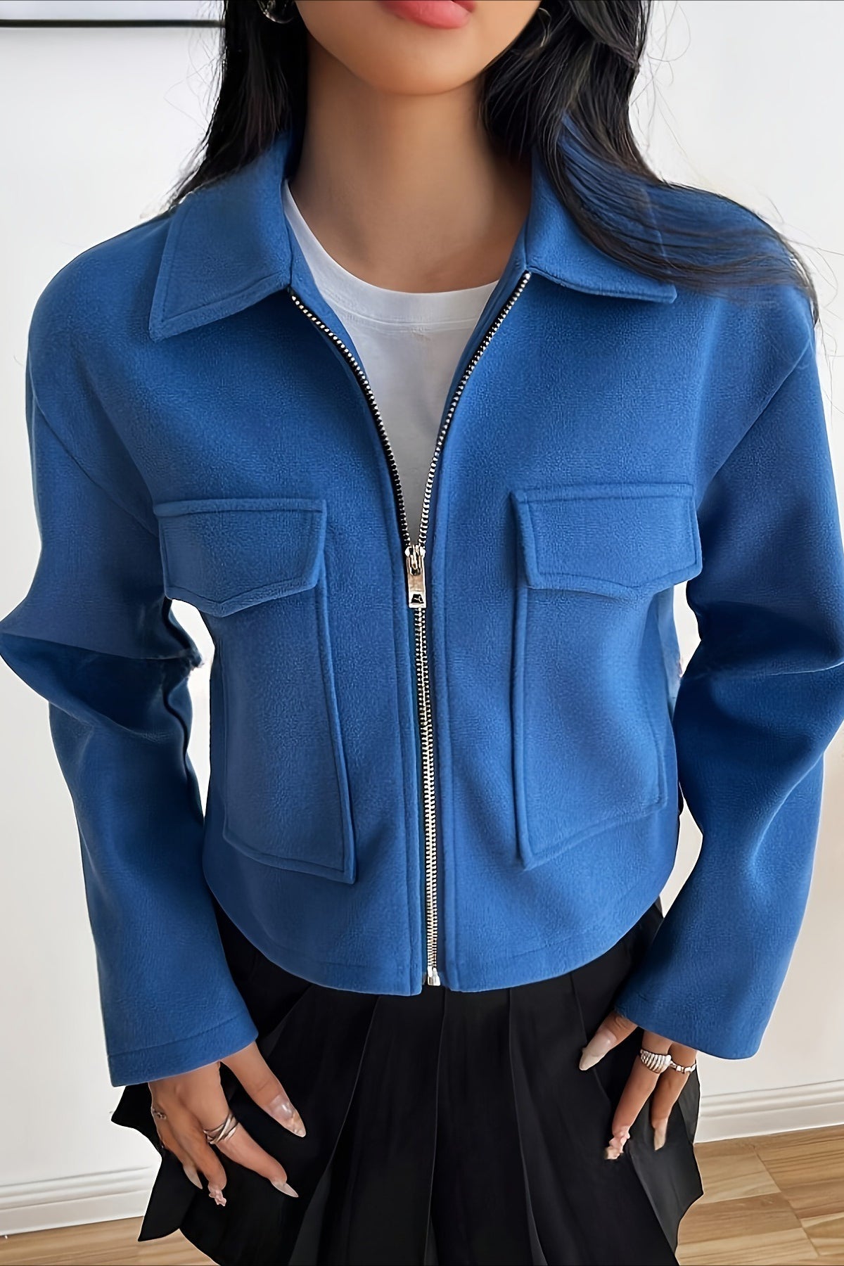 Solid Color Cropped Zip Sleeve Jacket S / Blue