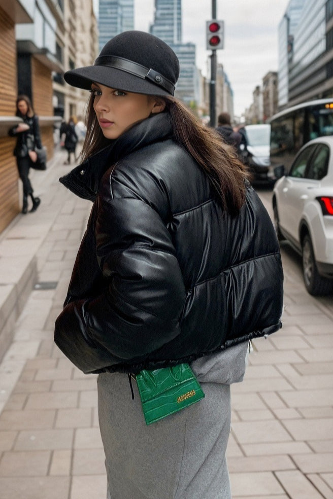 Cropped Faux Leather Insulated Puffer Jacket