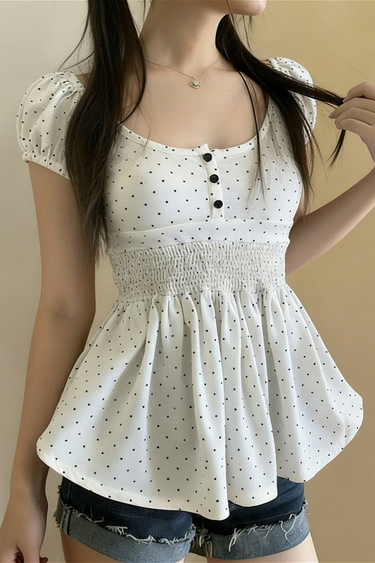 Polka Dot Smocked Waist Peplum Blouse
