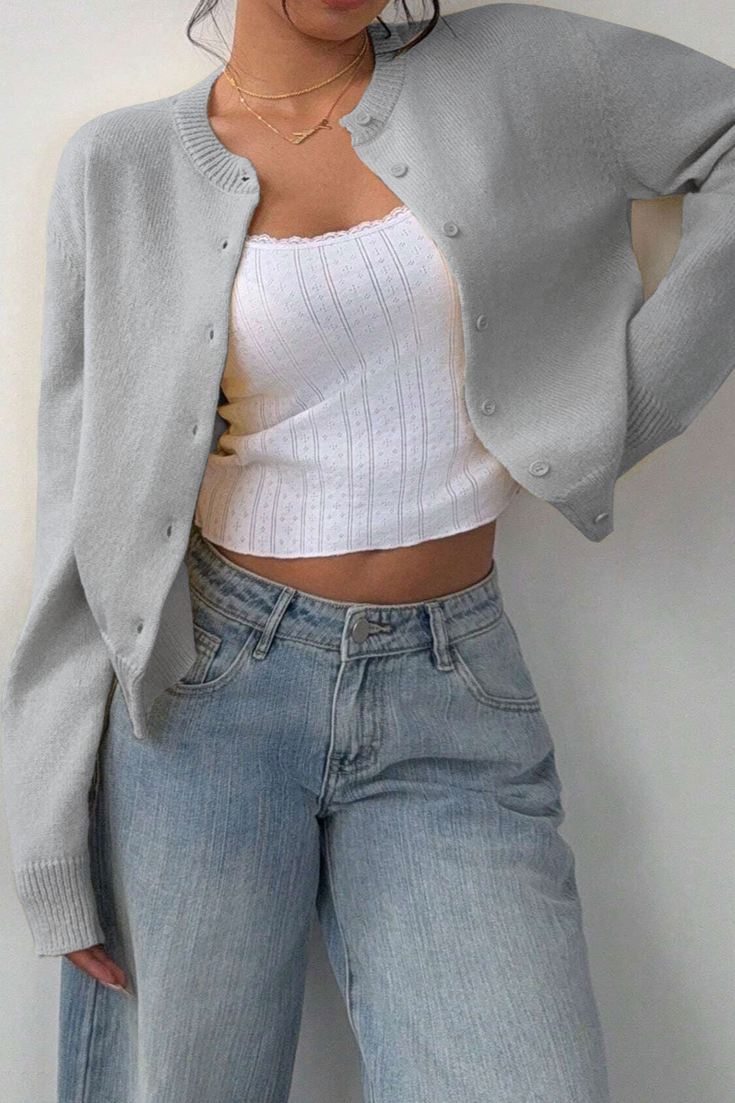 Lightweight Round Neck Button Cardigan