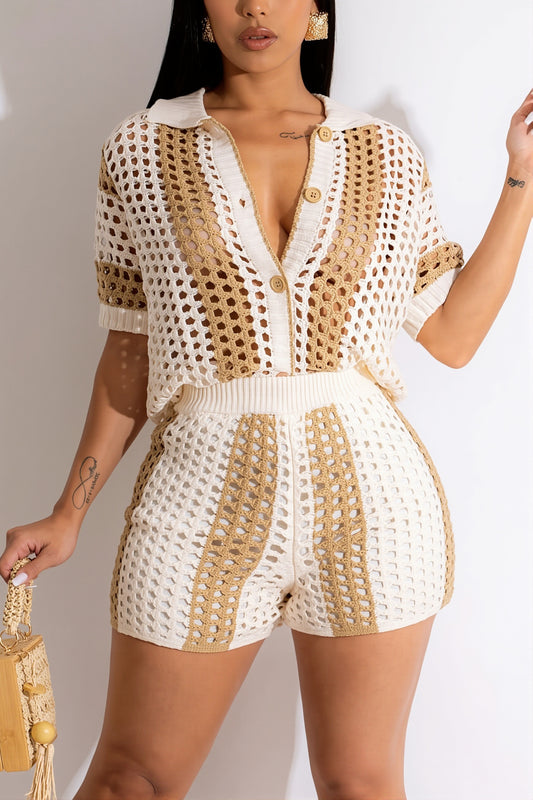 Color Block Crochet Shirt Shorts Set