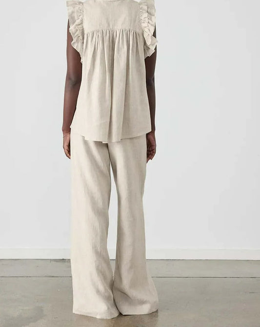 Ensemble deux pièces de bureau en coton noir avec pantalon simple à volants