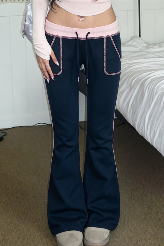 Contrast Drawstring Slim Knit Casual Pants