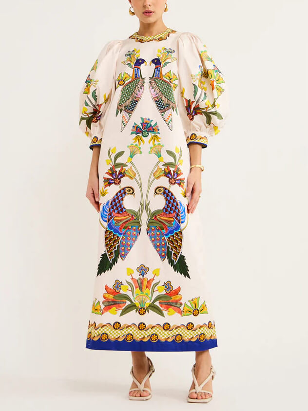 Exquisite And Fun Printed Puff Trendy Sleeves Loose Casual Midi Dress Dresses