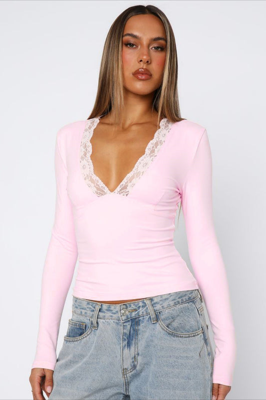 Chic Solid V Neck Lace Slim Blouse