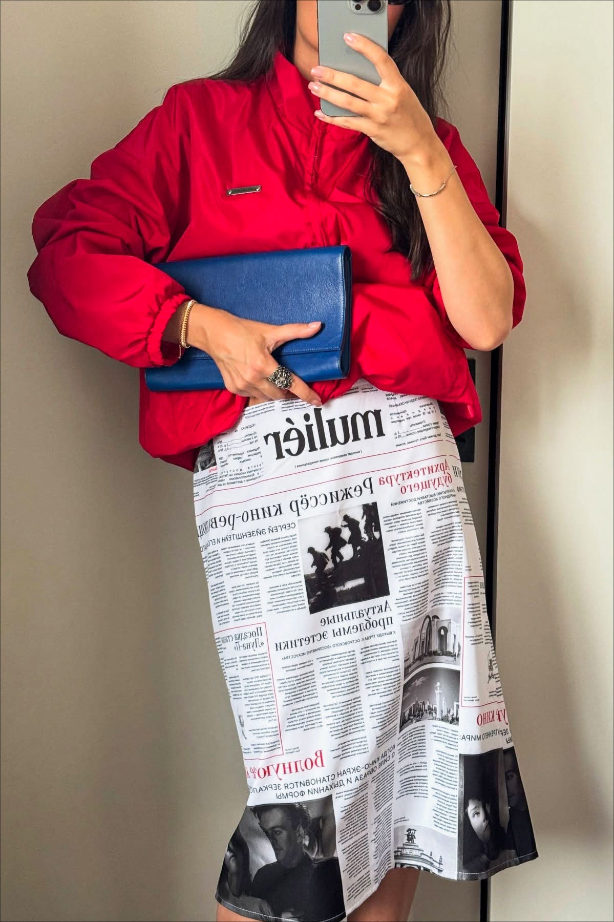Newspaper Print High Waist Midi Skirt