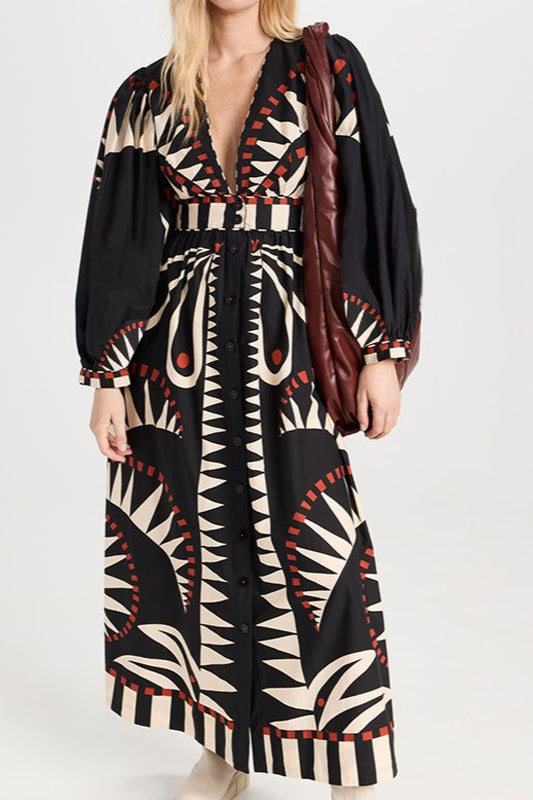 Robe bohème à manches longues et motif floral rétro